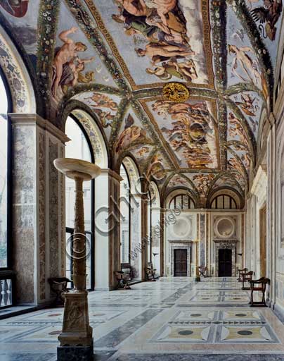 Roma, Villa Farnesina: Veduta della Loggia di Amore e Psiche.Nella loggia è dipinto il ciclo con le Storie di Amore e Psiche, tratte da Apuleio, opera di Raffaello e dei suoi allievi (Raffaellino del Colle, Giovan Francesco Penni, Giulio Romano, 1517-1518), in cui le scene sono inserite in un intreccio di festoni vegetali, opera dell'altro allievo Giovanni da Udine. Gli affreschi vennero sicuramente disegnati da Raffaello, ma la stesura spetta soprattutto alla sua scuola. La presenza degli intrecci vegetali accresce il senso di continuum della loggia con il giardino; vi sono riconoscibili la bellezza di circa duecento specie botaniche, soprattutto domestiche, tra cui anche numerose piante importate dalle Americhe, scoperte solo pochi anni prima.Al centro del complesso sistema figurativo spiccano le grandi rappresentazioni del Concilio degli dei e del Convito nuziale, tra finti arazzi tesi tra festoni. Nei peducci si trovano i vari episodi delle Storie di Amore e Psiche. Nelle vele sopra le lunette putti con gli attributi delle varie divinità.Le peripezie di Psiche ripercorrono la medesima travagliata salita sociale di Francesca Ordeaschi, amante di Agostino Chigi, che da cortigiana si elevò al rango di moglie legittima del banchiere.