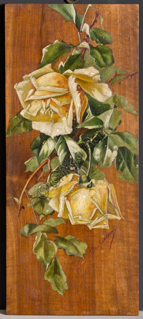 Assicoop - Unipol Collection: Eugenio De Giacomi, "Yellow Roses"; oil painting on wood.