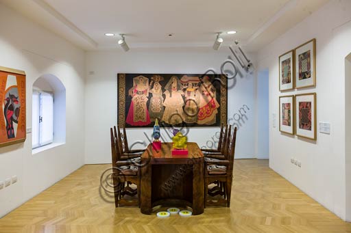  Rovereto, Casa Depero: room at the second floor with furniture and intarsia works by Fortunato Depero. On the table, works of contemporary art by Alessandro Mendini.