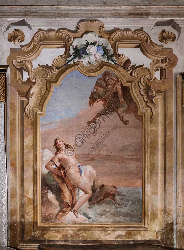 Vicenza, Villa Valmarana ai Nani, Palazzina: seconda stanza o stanza dell'Ariosto con episodi tratti dall'Orlando Furioso: "Ruggero libera Angelica dalle grinfie di un mostro marino".  Affreschi di Giambattista Tiepolo, 1756 - 1757.