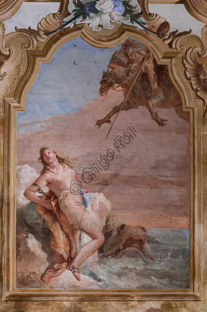 Vicenza, Villa Valmarana ai Nani, Palazzina: seconda stanza o stanza dell'Ariosto con episodi tratti dall'Orlando Furioso: "Ruggero libera Angelica dalle grinfie di un mostro marino".  Affreschi di Giambattista Tiepolo, 1756 - 1757.