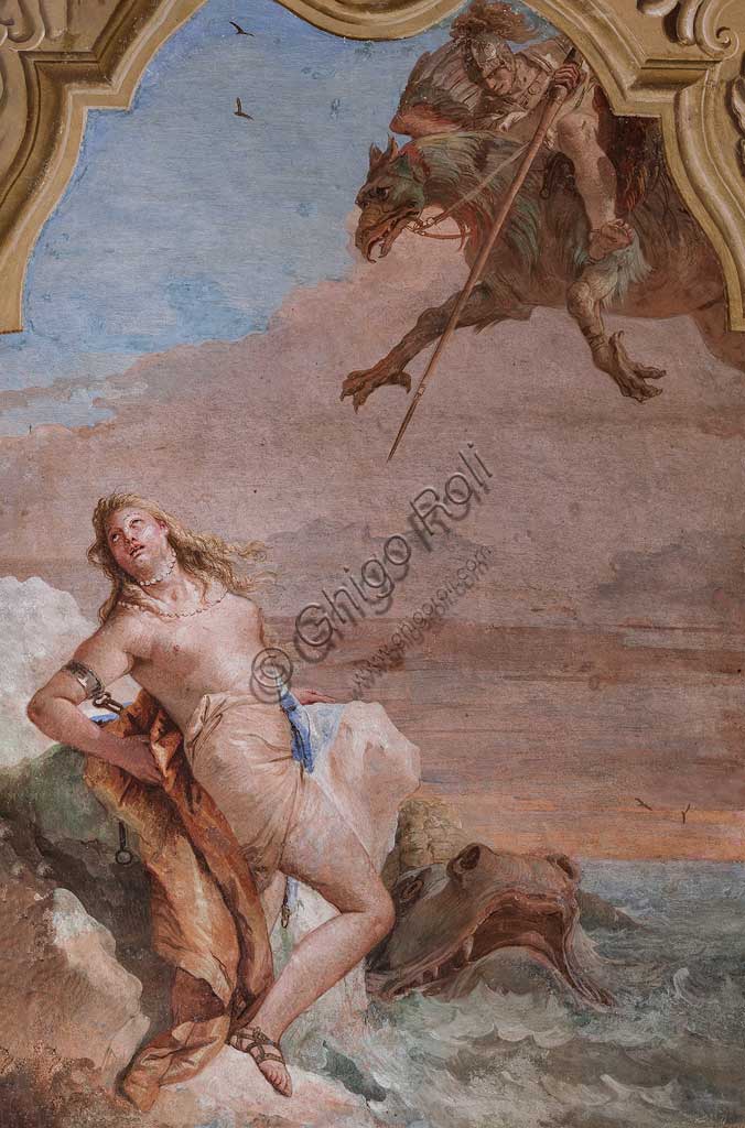 Vicenza, Villa Valmarana ai Nani, Palazzina: seconda stanza o stanza dell'Ariosto con episodi tratti dall'Orlando Furioso: "Ruggero libera Angelica dalle grinfie di un mostro marino".  Affreschi di Giambattista Tiepolo, 1756 - 1757.