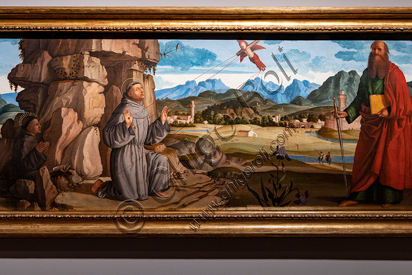 “St. Francis receives the stigmata among St. Clare and Peter, the blessed Bartolomeo of Breganze, and St. Paul and Bernardino”, by Marcello Fogolino, oil painting on panel, 1517-8.