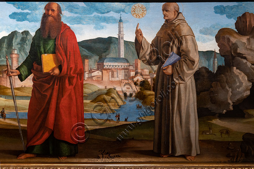 “S. Francesco riceve le stigmate, tra i santi Chiara e Pietro, il beato Bartolomeo di Breganze e i S. Paolo e Bernardino”, di Marcello Fogolino, olio su tavola, 1517-8. Particolare.