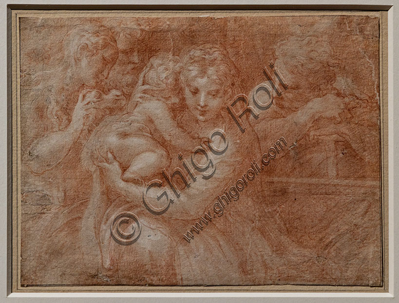 “Holy Family with Two Saints”, by Parmigianino, 1520-4, sanguine with white highlights on light brown paper.