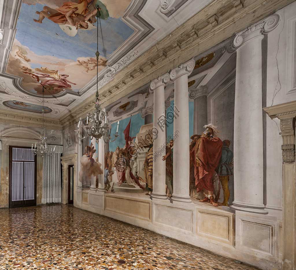 Vicenza, Villa Valmarana ai Nani, Palazzina (Small Building): view of  the entrance hall. On the wall, "The Sacrifice of Iphigenia", and on the ceiling "Diana and Aeolus" by Giambattista Tiepolo, 1757.