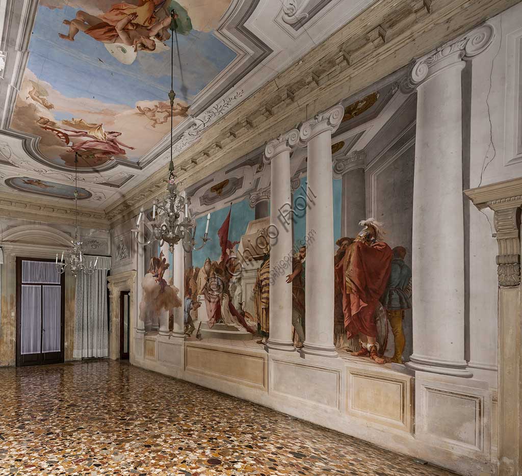 Vicenza, Villa Valmarana ai Nani, Palazzina: veduta dell'atrio con, alla parete, "Il sacrificio di Ifigenia" e, sul soffitto, "Diana ed Eolo".  Affresco di Giambattista Tiepolo, 1757.