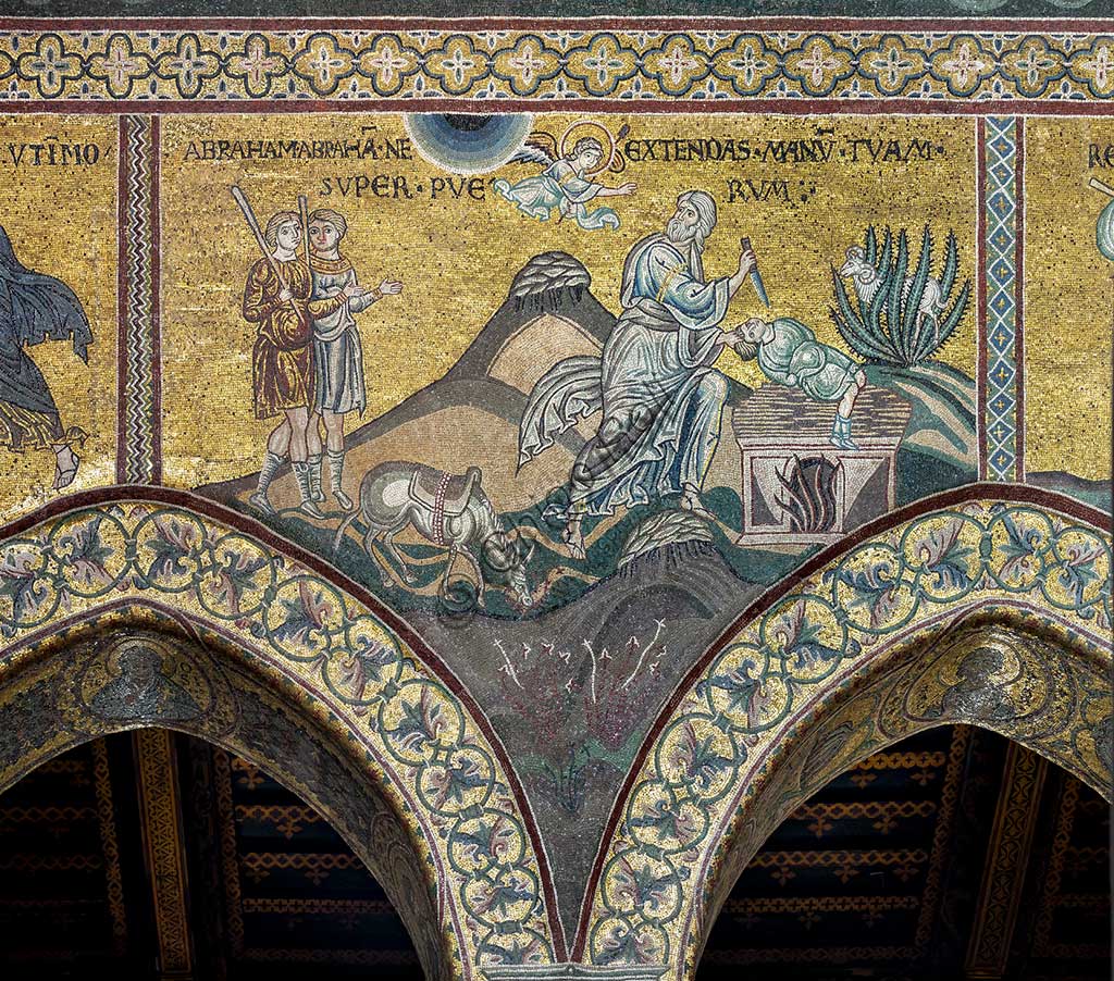 Monreale, Duomo: "Sacrificio di Isacco (Fermati Abramo)", mosaico bizantino, Ciclo del Vecchio Testamento - Abramo, XII - XIII sec.Iscrizione latina: "ABRAHAM, ABRAHAM, NE EXTENDAS MANUM TUAM SUPER PUERUM". 