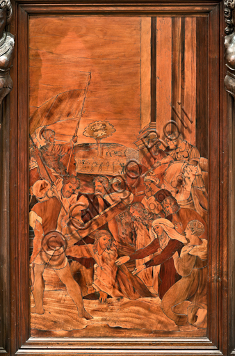 , Genoa, Duomo (St. Lawrence Cathedral), inside,  presbitery, apse, choir, South side: "The way to Calvary", wood intarsia by  Gian Michele De' Pantaleoni (XVI century).