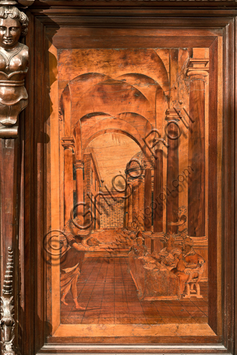 , Genoa, Duomo (St. Lawrence Cathedral), inside, apse, choir, North side: "Salome with the head of the Baptist", wood intarsia by Giovanni Francesco Zambelli (XVI century).