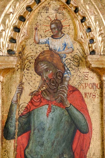   Croatia, Rab (Arbe), Museum of the Cathedral: Paolo Veneziano, Polyptych of the Crucifixion (1350-55). Detail with St. Christopher.