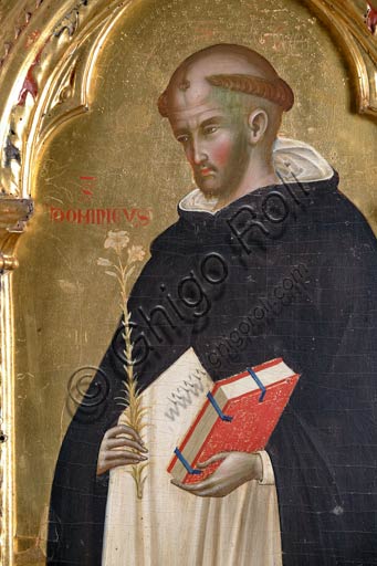   San Severino Marche, Pinacoteca Comunale: Paolo Veneziano, Polyptych (1358) with Saints. Detail of St. Dominic holding a lily (symbol of chastity) in one hand, and a book in the other one.