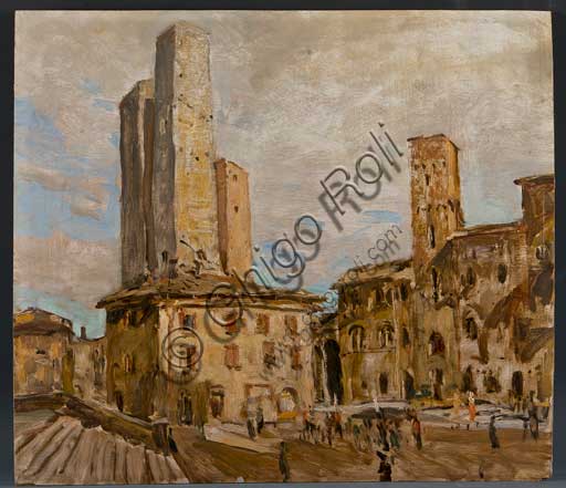 Assicoop - Unipol Collection:  Giuseppe Graziosi  (1879-1942), " San Gimignano". Oil on plywood, cm 56 x 50