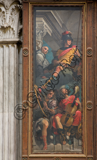 Genoa, Duomo (St. Lawrence Cathedral), inside, Cybo chapel (northern arm of the transept), pipe organ by Gaspare Forlani, interior of the left case: "St. George and St. Bernard among angels playing music", by G. Benso in 1634/5.