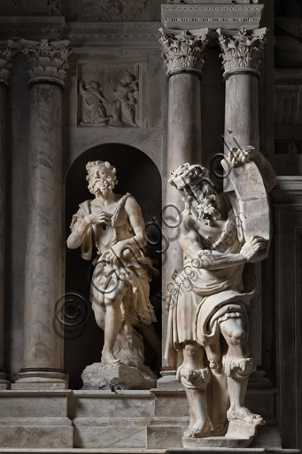 Genoa, Duomo (St. Lawrence Cathedral), inside, Cybo chapel (northern arm of the transept), Funerary Monument of Archbishop Giuliano Cybo: from the left, "St. John the Baptist and Moses", statues by Giangiacomo and Guglielmo Della Porta, and by Niccolò Da Corte (1533 - 1537). 