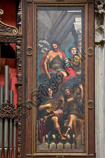 Genoa, Duomo (St. Lawrence Cathedral), inside, Cybo chapel (northern arm of the transept), pipe organ by Gaspare Forlani, interior of the right case: "St. John the Baptist and St. Lawrence among angels playing music", by G. Benso in 1634/5.