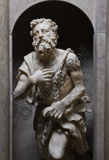 Genoa, Duomo (St. Lawrence Cathedral), inside, Cybo chapel (northern arm of the transept), Funerary Monument of Archbishop Giuliano Cybo: from the left, "St. John the Baptist ", statue by Giangiacomo and Guglielmo Della Porta, and by Niccolò Da Corte (1533 - 1537).  Detail.