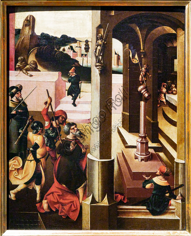 “San Giuda Taddeo costretto ad adorare idoli”, una delle scene del martirio di S. Giuda Taddeo,  di Mair von Landshut, inizio XVI secolo, tecnica mista su tavola.