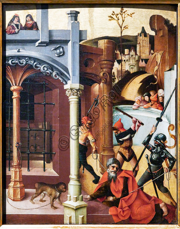 “San Giuda Taddeo percosso e imprigionato”, una delle scene del martirio di S. Giuda Taddeo,  di Mair von Landshut, inizio XVI secolo, tecnica mista su tavola.