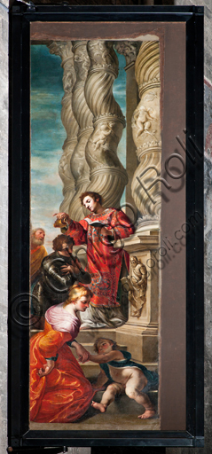 Genova, Duomo (Cattedrale di S. Lorenzo), interno, navata sinistra, ante originarie dell'organo del transetto lato Sud: "San Lorenzo battezza S. Romano" (1634-6), di Andrea Ansaldo. 