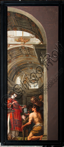 Genova, Duomo (Cattedrale di S. Lorenzo), interno, navata sinistra, ante originarie dell'organo del transetto lato Sud: "San Lorenzo distribuisce il tesoro della Chiesa ai poveri" (1635), di Andrea Ansaldo. 