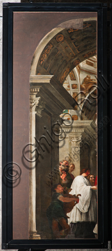 , Genoa, Duomo (St. Lawrence Cathedral),  interior, left aisle, original doors of the organ of the south side transept: "St. Lawrence distributes the treasure of the Church to the poor" (1635), by Andrea Ansaldo.