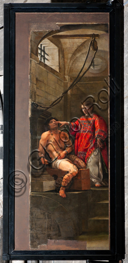 Genova, Duomo (Cattedrale di S. Lorenzo), interno, navata sinistra, ante originarie dell'organo del transetto lato Sud: "San Lorenzo ridona la vista a Lucillo" (1634-6), di Andrea Ansaldo. 