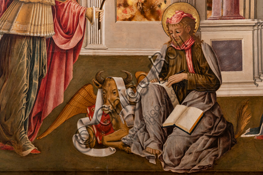 Perugia, Galleria Nazionale dell'Umbria: Annunciazione dei Notai, di Benedetto Bonfigli,1450-3, tempera su tavola. Particolare con San Luca evangelista. 