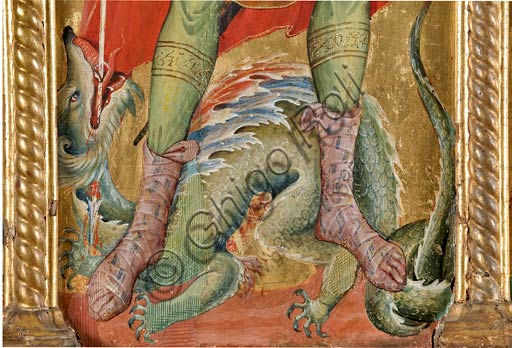   San Severino Marche, Pinacoteca Comunale: Paolo Veneziano, Polyptych (1358) with Saints. Detail of St. Michael  slaying Satan as a dragon.