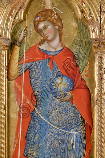   San Severino Marche, Pinacoteca Comunale: Paolo Veneziano, Polyptych (1358) with Saints. Detail of St. Michael  slaying Satan as a dragon.