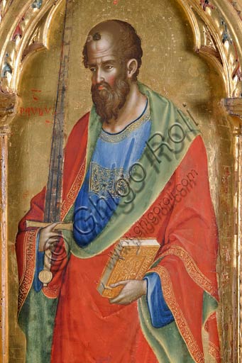   San Severino Marche, Pinacoteca Comunale: Paolo Veneziano, Polyptych (1358) with Saints. Detail of St. Paul holding a sword in one hand and the book in the other one.