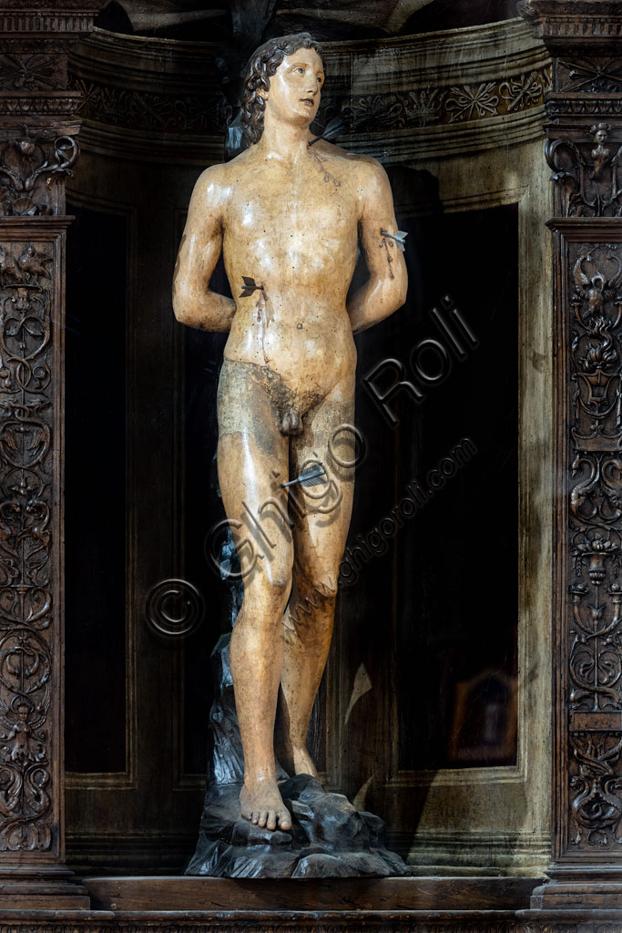 “St. Sebastian”, wooden statue by Leonardo del Tasso.Florence, Church of St. Ambrose.