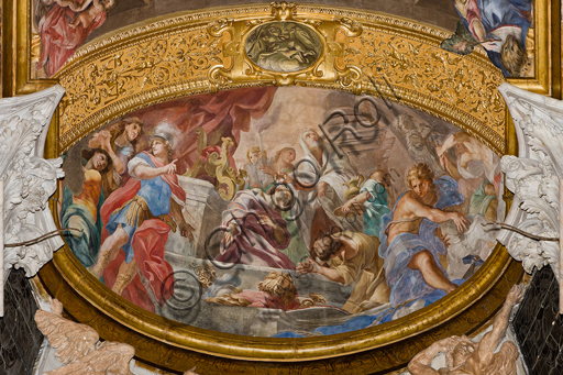 Genoa, Duomo (St. Lawrence Cathedral), inside, Senarega or Our Lady of Relief Chapel (southern apse), basin of the apse: "St. Sebastian converts and baptizes Nicostratus", by Giovanni Andrea Carlone (1690).