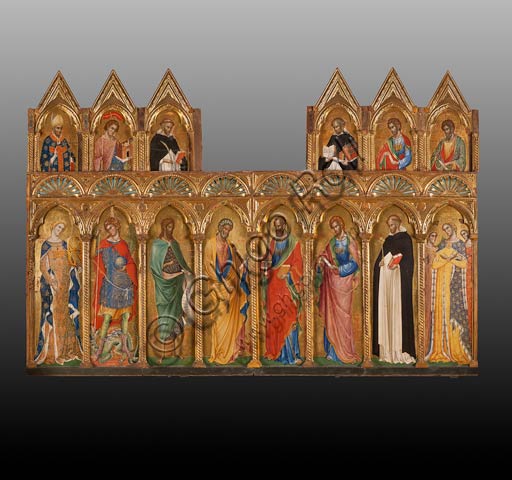   San Severino Marche, Pinacoteca Comunale: Paolo Veneziano, Polyptych (1358) with Saints.From left to right and top to bottom: St. Severino, St. Venanzio, St. Peter Martyr, St. Thomas Aquinas, St. Thomas the Apostle, St. Bartholomew, St. Catherine of Alexandria, St. Michael Archangel, St. John the Baptist, St. Peter the Apostle, St. Paul, St. Philip, St. Dominic and St. Ursula.
