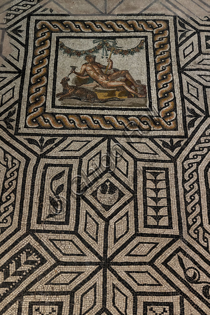 Brescia, "Santa Giulia, Museum of the City" (Unesco site since 2011), the House of Dionysus, one of the Roman domus of Ortaglia: detail of the mosaic floor  representing Dionysus and the panther.