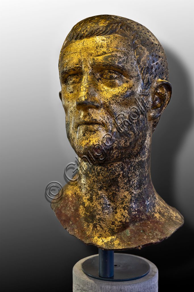 Brescia, "Santa Giulia, Museum of the City" (Unesco site since 2011):  portrait of the Emperor Claudius Gothicus or Aurelian. It is one of the six Roman busts in gilded bronze found in the ancient Capitolium in 1826.