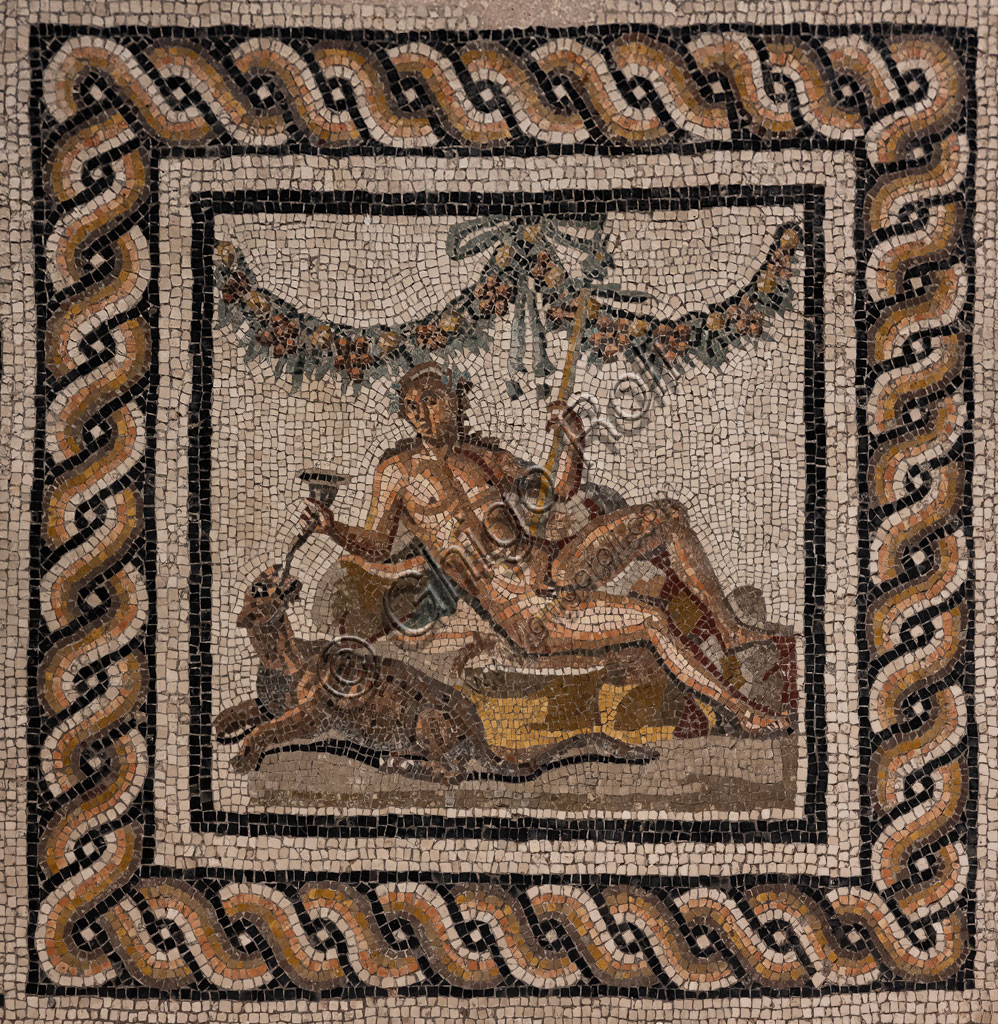 Brescia, "Santa Giulia, Museum of the City" (Unesco site since 2011), the House of Dionysus, one of the Roman domus of Ortaglia: detail of the mosaic floor  representing Dionysus and the panther.