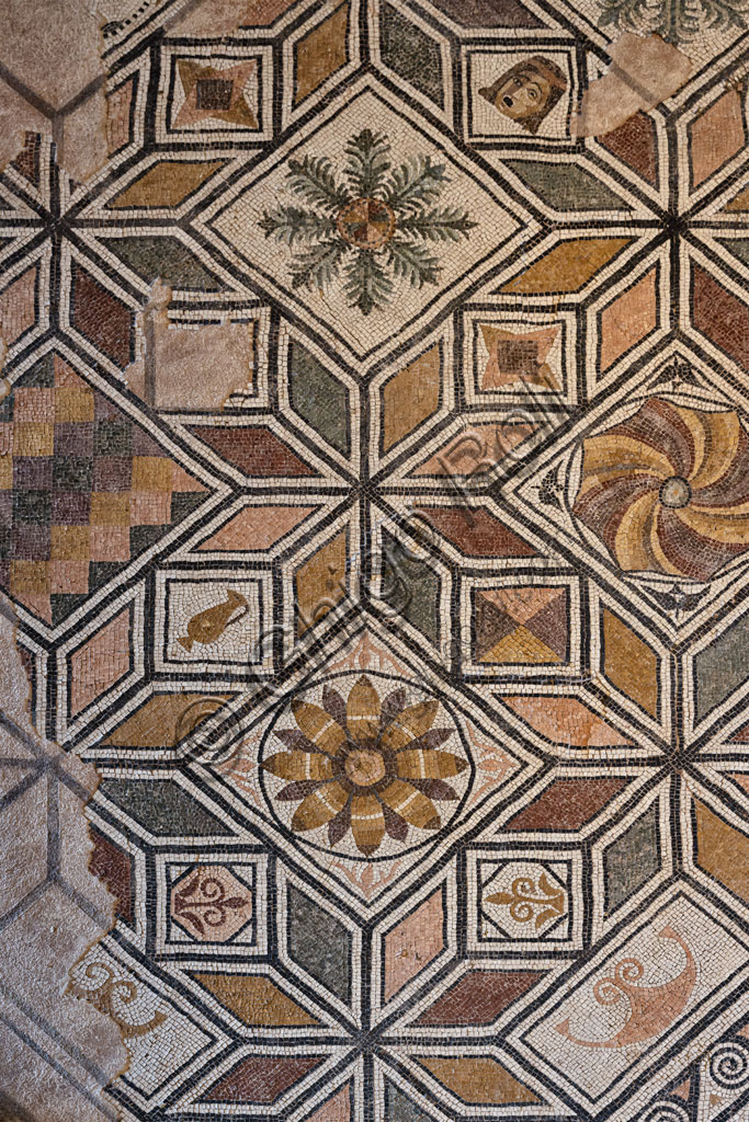 Brescia, "Santa Giulia, Museum of the City" (Unesco site since 2011), one of the Roman domus of Ortaglia: detail of the mosaic floor of the Viridarium.