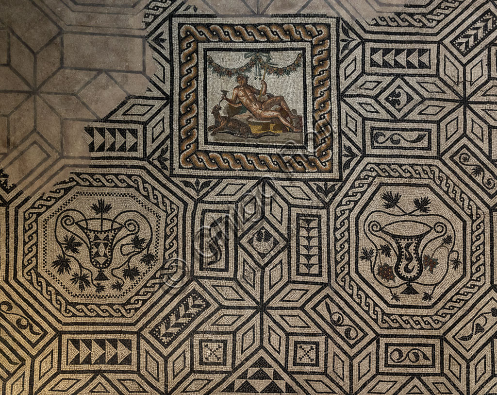 Brescia, "Santa Giulia, Museum of the City" (Unesco site since 2011), the House of Dionysus, one of the Roman domus of Ortaglia: detail of the mosaic floor  representing Dionysus and the panther.