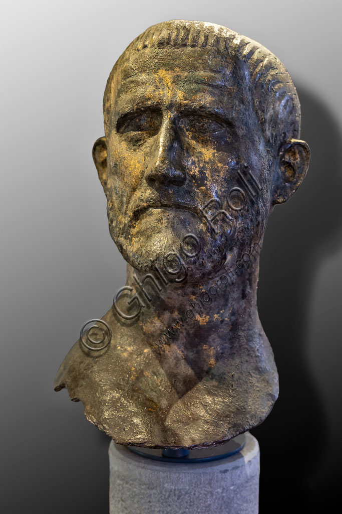 Brescia, "Santa Giulia, Museum of the City" (Unesco site since 2011):  portrait of the Emperor Claudius Gothicus or Probus. It is one of the six Roman busts in gilded bronze found in the ancient Capitolium in 1826.