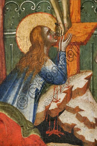   Croatia, Rab (Arbe), Museum of the Cathedral: Paolo Veneziano, Polyptych of the Crucifixion (1350-55). Detail with Mary Magdalene.