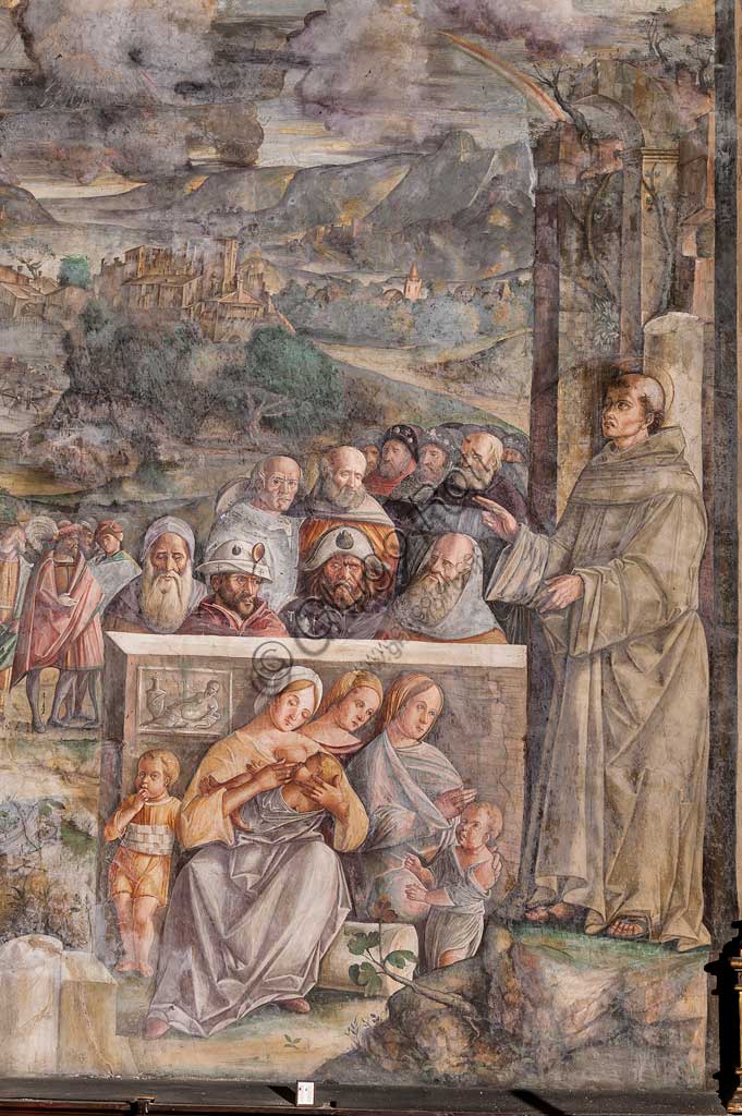 Padova, Basilica di Sant'Antonio o del Santo, Scuola del Santo, Salone:  particolare di "Sant'Antonio giunge a Padova, dove riporta la pace tra i cittadini con la forza e la soavità della sua predicazione", affresco di Giovanni Antonio Corona, 1509.