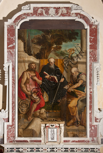 Genoa, Duomo (St. Lawrence Cathedral), inside, Baptistery (formerly Church of St. John the Old): "St. Benedict, St. John the Baptist, and St. Luke", by Luca Cambiaso, oil painting, 1562.