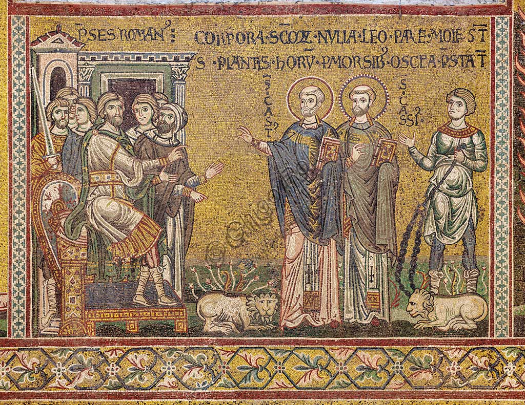 Monreale, Duomo:"I santi Cassio e Casto al cospetto dell'imperatore", mosaico bizantino, XII - XIII sec., sulla controfacciata.