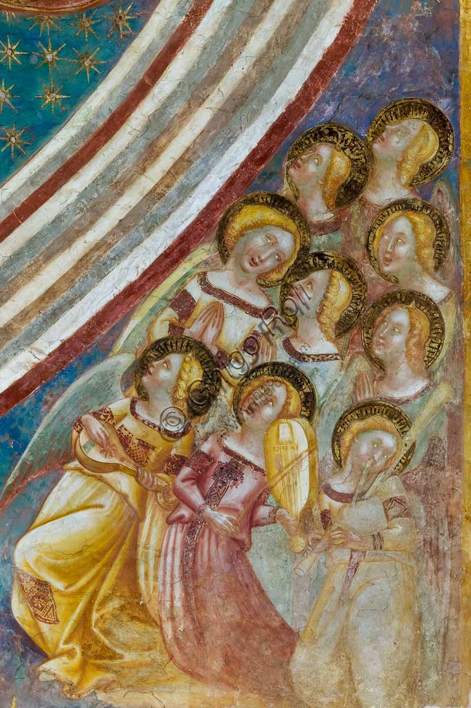 Codigoro, Pomposa Abbey, interior of the Basilica of Santa Maria, the apse basin: frescoes by Vitale da Bologna. Detail with saints.