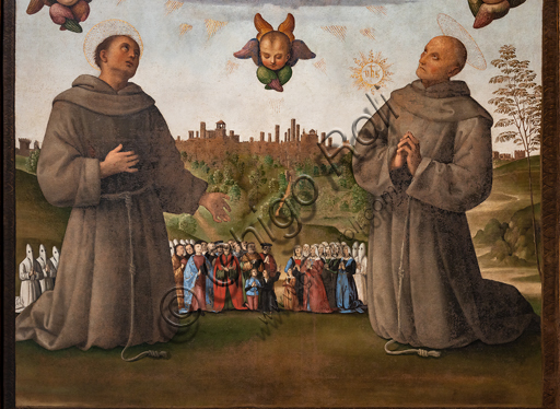  Perugia, National Gallery of Umbria: Banner of Justice, by Pietro di Cristoforo Vannucci, known as Perugino, around 1496, oil and tempera painting on canvas. Detail with angels above, below saints Francis and Bernardino, in the background the city of Perugia with people and confreres, .