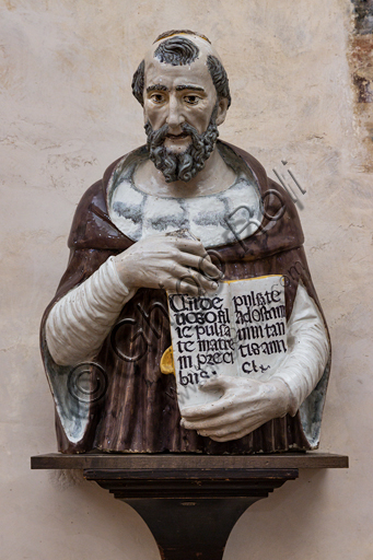 Basilica of the Holy Cross: "Saint holding a book, half figure", end XV century, by Giovanni Della Robbia, polychrome glazed terracotta.