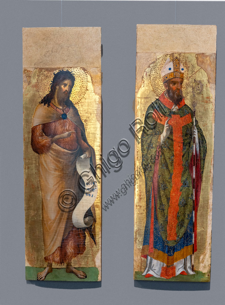 Brescia, Pinacoteca Tosio Martinengo: "S. Giovanni Battista, Santo Vescovo (S. Ambrogio?), Santo Vescovo (S. Agostino?), S. Paolo, " di Paolo Veneziano, 1340-5. Tempera su tavola. Particolare con Santo Vescovo e S. Giovanni Battista.