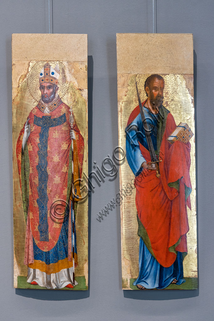 Brescia, Pinacoteca Tosio Martinengo: "S. Giovanni Battista, Santo Vescovo (S. Ambrogio?), Santo Vescovo (S. Agostino?), S. Paolo, " di Paolo Veneziano, 1340-5. Tempera su tavola. Particolare con Santo Vescovo e S. Paolo.