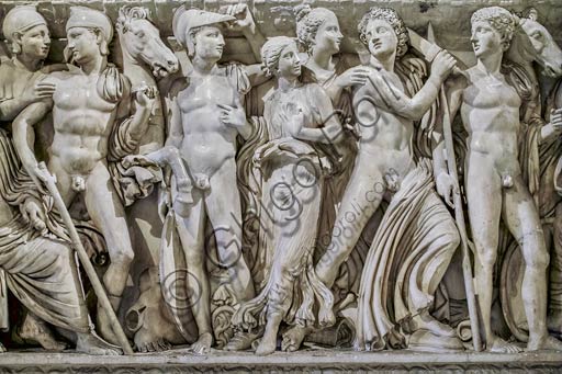  Rome, Capitoline Museums: marble sarcophagus representing scenes of Achilles' life, 3rd Century AD.Detail.